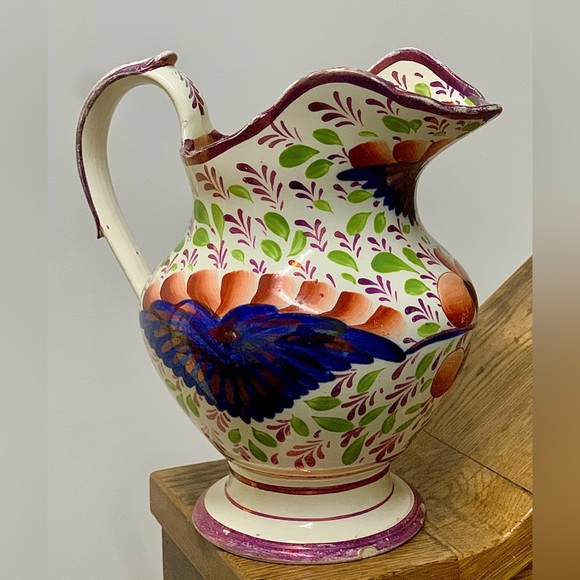 c. 1820 Antique Gaudy Welsh Grape Pattern Large Hand Painted Pink Luster Jug - Picture 11 of 16